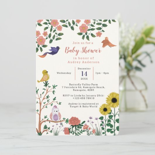かわいい野生の花と鳥茶パーティー赤ちゃんシャワー 招待状 (スタンド正面)