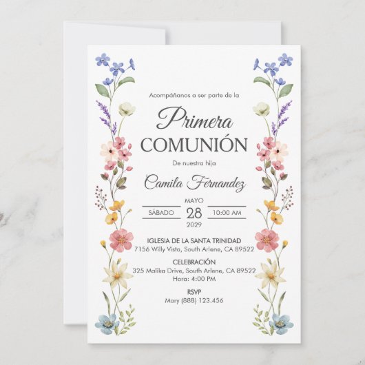かわいい野生の花プリメラcomunion最初の聖体 招待状 (正面)