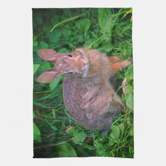 かわいい野生の茶色いウサギの野生動物 キッチンタオル (縦)