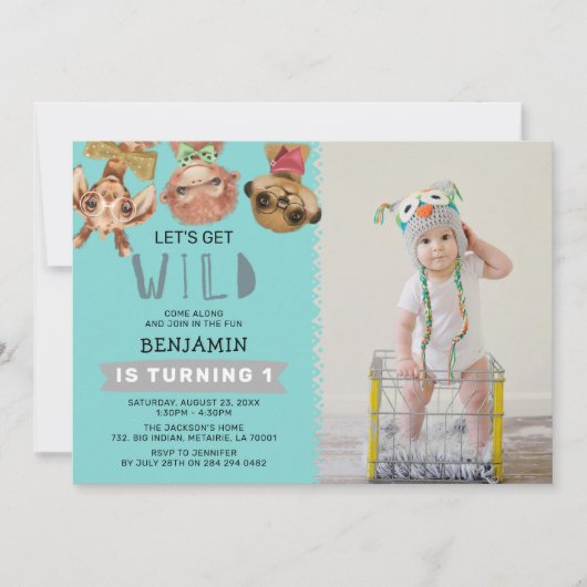 かわいい野生の青ジャングルを手に入れよう1回目の誕生日の写真 招待状 (正面)