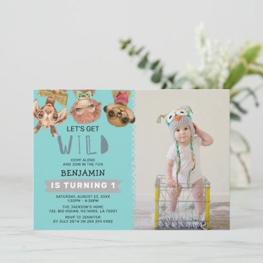 かわいい野生の青ジャングルを手に入れよう1回目の誕生日の写真 招待状 (スタンド正面)