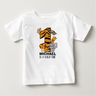 かわいい野生の1ジャングル動物サファリファースト誕生日 ベビーTシャツ