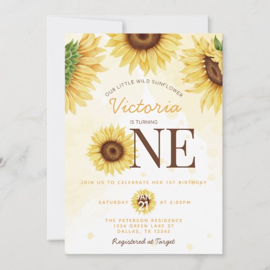かわいい野生ひまわりターニングONE 1歳の誕生日パーティー 招待状 (正面)