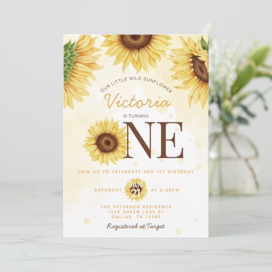 かわいい野生ひまわりターニングONE 1歳の誕生日パーティー 招待状 (スタンド正面)