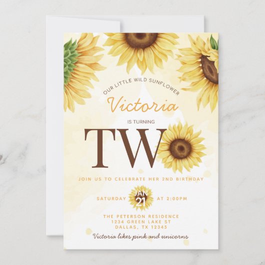 かわいい野生ひまわりターニングTWO 2歳の誕生日パーティー 招待状 (正面)