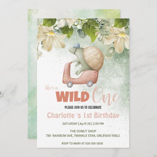 かわいい野生ワンカメ動物の自転車1歳の誕生日 招待状 (正面/裏面)