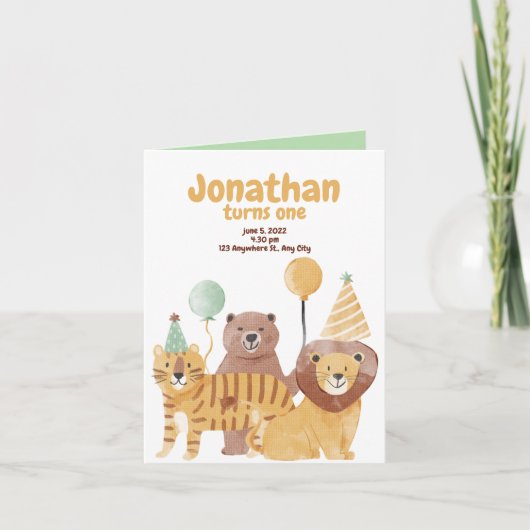 かわいい野生動物の誕生日 招待状 (正面)