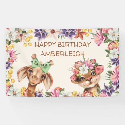 かわいい野生動物キリン花ハッピーバースデー 横断幕 (横)