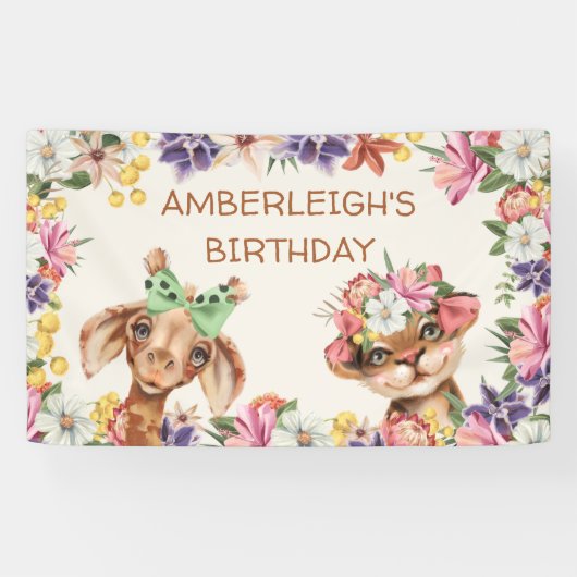 かわいい野生動物キリン虎の花誕生日 横断幕 (横)