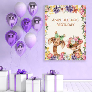 かわいい野生動物キリン虎ガールズ誕生日 ポスター