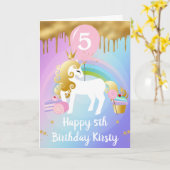 かわいい金と白のユニコーンの誕生日スイーツ カード (黄色い花)
