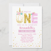 かわいい金ゴールドとピンク紙吹雪ユニコーンの誕生日 招待状 (正面)