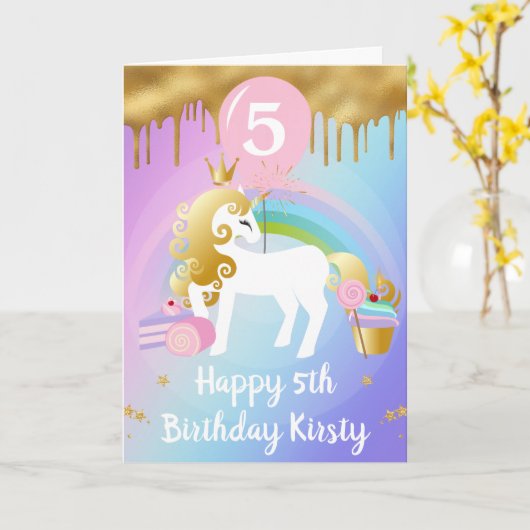 かわいい金ゴールドとホワイトユニコーンスイーツ誕生日 カード (黄色い花)