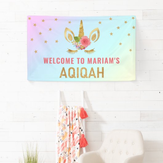 かわいい金ゴールドのグリッターのユニコーンAqiqah 横断幕 (インサイチュ)