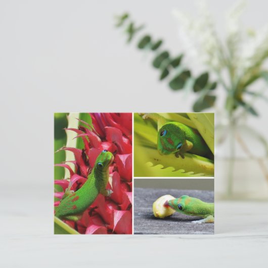 かわいい金ゴールドのダストデイgeckoピンクのパイナップルハワイ ポストカード (スタンド正面)