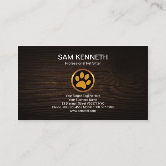 かわいい金ゴールドの足印刷木目ペットシッター 名刺 (裏面)