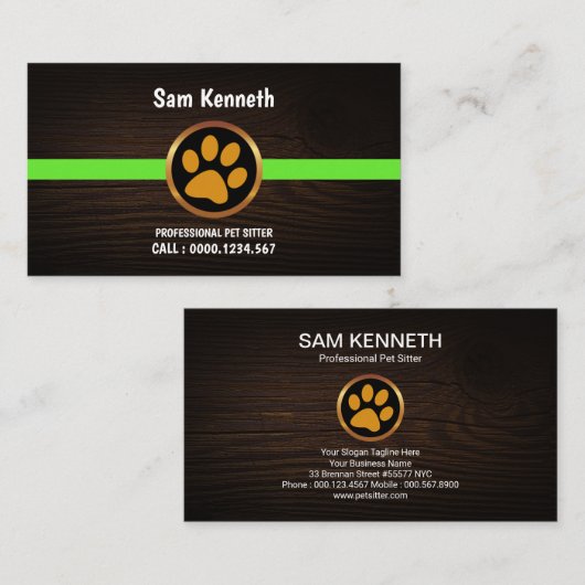 かわいい金ゴールドの足印刷木目ペットシッター 名刺 (正面/裏面)