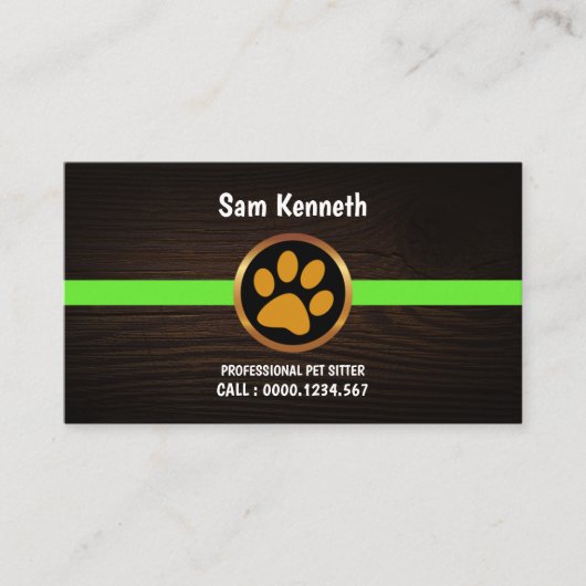 かわいい金ゴールドの足印刷木目ペットシッター 名刺 (正面)