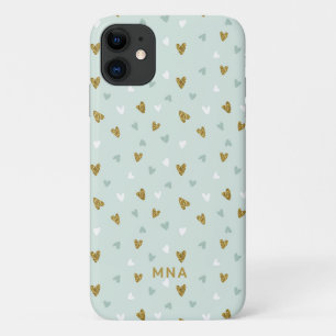 かわいい金ゴールドグリッターとミントハートパターンモノグラム iPhone 11 ケース