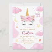 かわいい金ゴールドグリッターピンクフローラユニコーン誕生日 招待状 (正面)