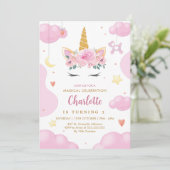 かわいい金ゴールドグリッターピンクフローラユニコーン誕生日 招待状 (スタンド正面)
