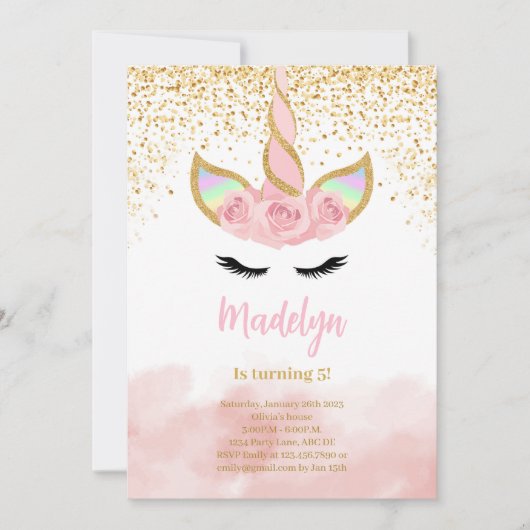 かわいい金ゴールドグリッターユニコーン誕生日 招待状 (正面)