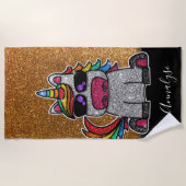 かわいい金ゴールドグリッターレインボーユニコーンスパークルスグラム ビーチタオル (正面)