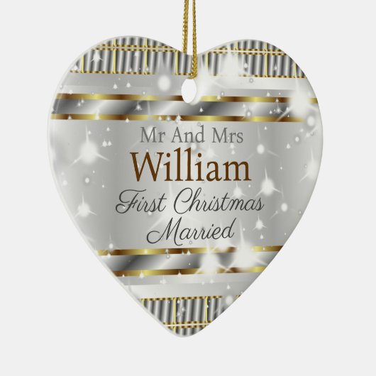 かわいい金ゴールドシルバーラブシェイプカスタムウェディング セラミックオーナメント (右)