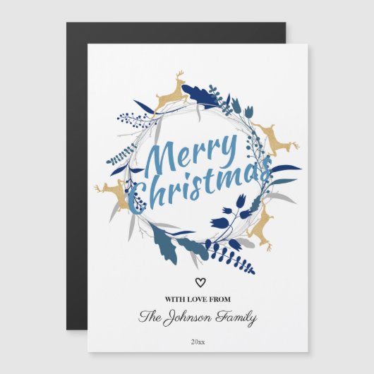 かわいい金ゴールドトナカイフローラクリスマスリースマグネット (正面/裏面)