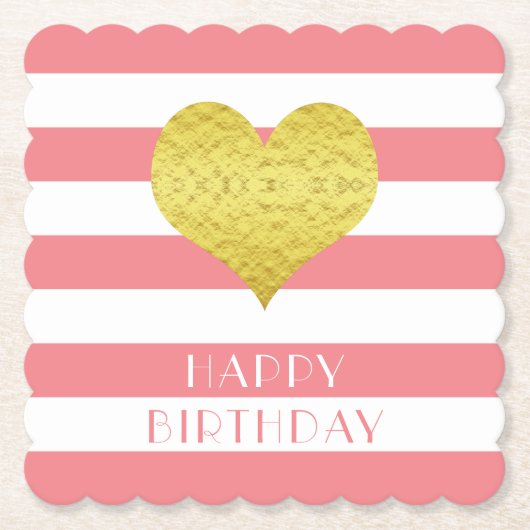 かわいい金ゴールドハートピンクストライプハッピーバースデー ペーパーコースター (正面)