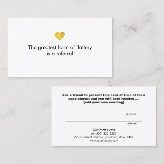 かわいい金ゴールドハートホワイトカスタマー紹介カード 紹介カード (正面/裏面)