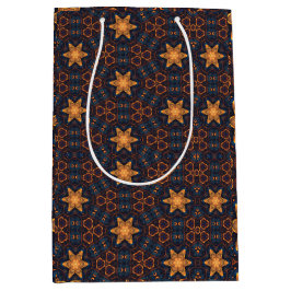 かわいい金ゴールドフラワースターブルーブラック ミディアムペーパーバッグ