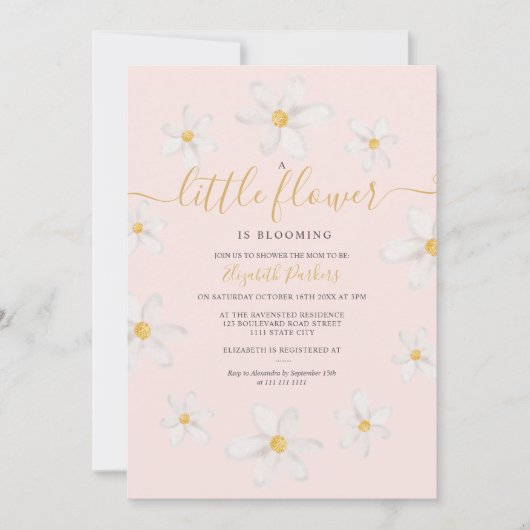 かわいい金ゴールドフラワーデイジー水色ベビーシャワー 招待状 (正面)