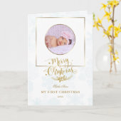かわいい金ゴールドフレーム私の初めてのクリスマスベビー写真 カード (黄色い花)