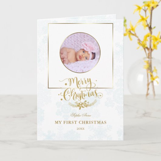 かわいい金ゴールドフレーム私の初めてのクリスマスベビー写真 カード (黄色い花)