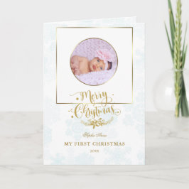 かわいい金ゴールドフレーム私の初めてのクリスマスベビー写真 カード