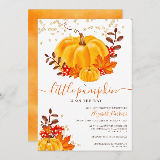 かわいい金ゴールドフローラカボチャ水カラーベビーシャワー 招待状 (正面/裏面)