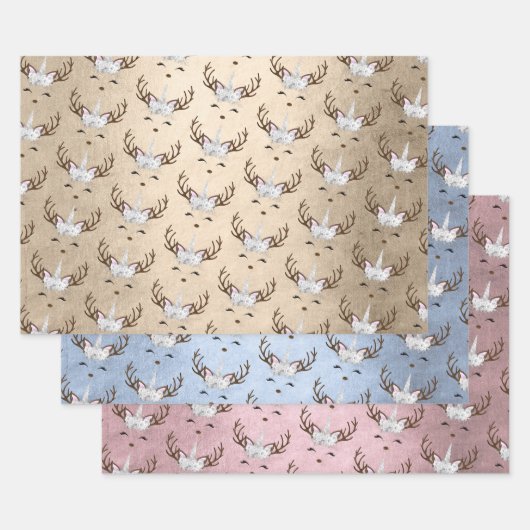 かわいい金ゴールドブルーバラ金ゴールドユニコーンパターズ ラッピングペーパーシート (セット)