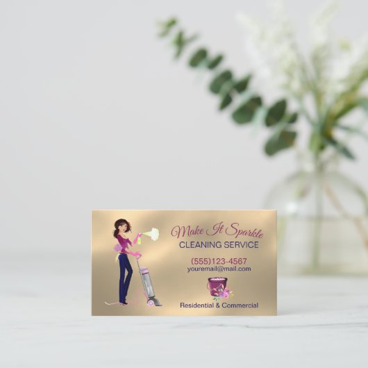 かわいい金ゴールドマンガのメイド清掃サービス 名刺 (スタンド正面)