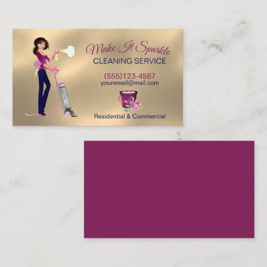 かわいい金ゴールドマンガのメイド清掃サービス 名刺 (正面/裏面)