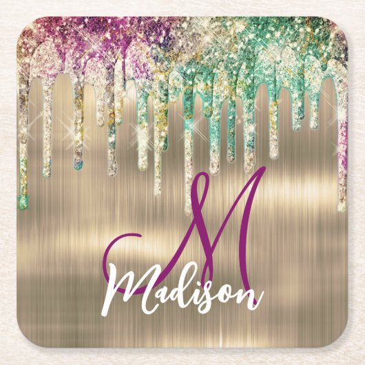 かわいい金ゴールドユニコーングリッタードリップスモノグラム スクエアペーパーコースター (正面)