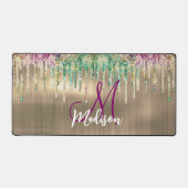 かわいい金ゴールドユニコーングリッタードリップスモノグラム デスクマット (正面)