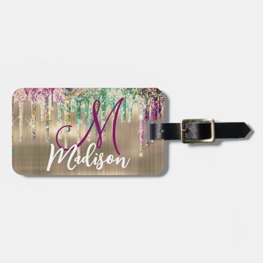 かわいい金ゴールドユニコーングリッタードリップスモノグラム ラゲッジタグ (正面横)