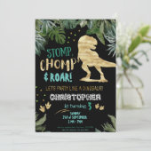 かわいい金ゴールド恐竜の誕生日パーティー 招待状 (スタンド正面)