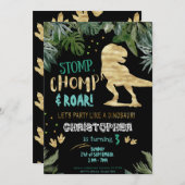 かわいい金ゴールド恐竜の誕生日パーティー 招待状 (正面/裏面)