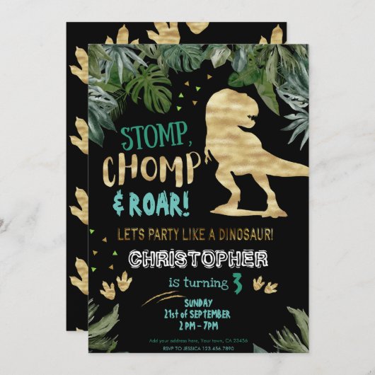 かわいい金ゴールド恐竜の誕生日パーティー 招待状 (正面/裏面)