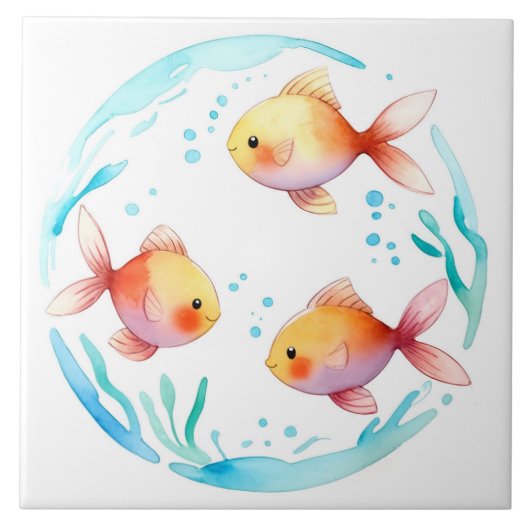 かわいい金ゴールド魚水彩海海航海の タイル (正面)