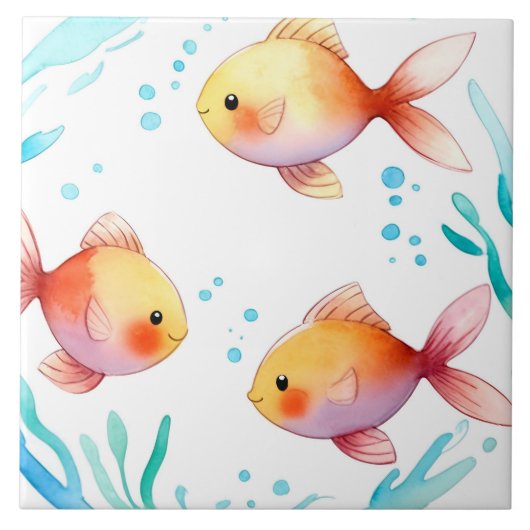 かわいい金ゴールド魚水彩海海航海の タイル (正面)