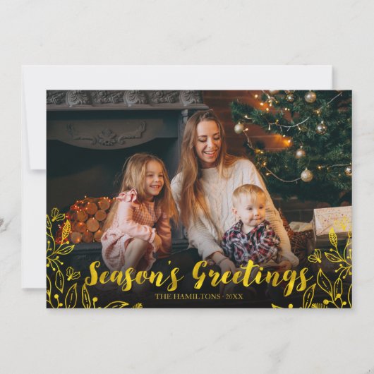 かわいい金箔の冬の葉フォトクリスマス 招待状 (正面)