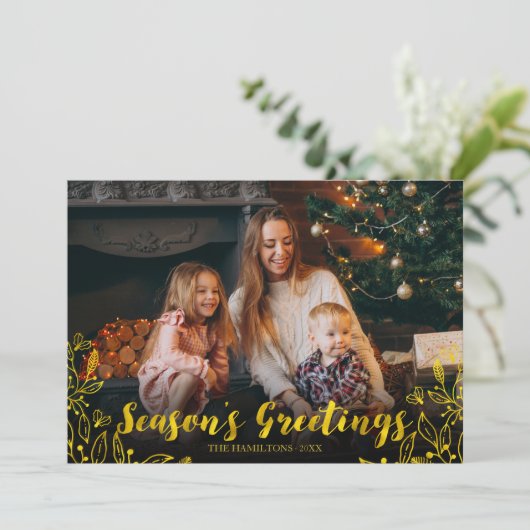 かわいい金箔の冬の葉フォトクリスマス 招待状 (スタンド正面)